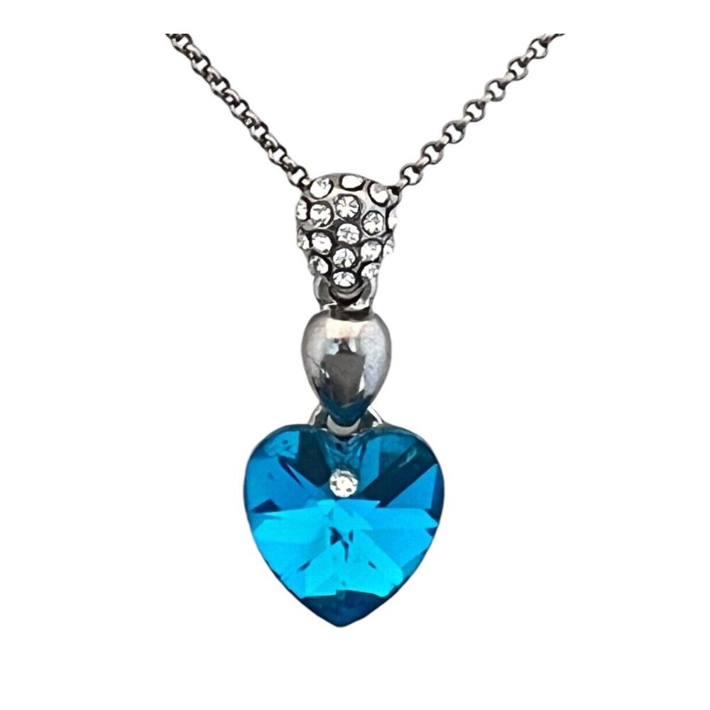 Vintage 1990s Blue Heart Crystal Pendant Necklace Silver Tone Rhinestone - 9C